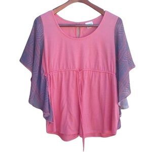 Y2K Motherhood Maternity L Blouse Top Boho Sheer Flutter Sleeve Empire Pink